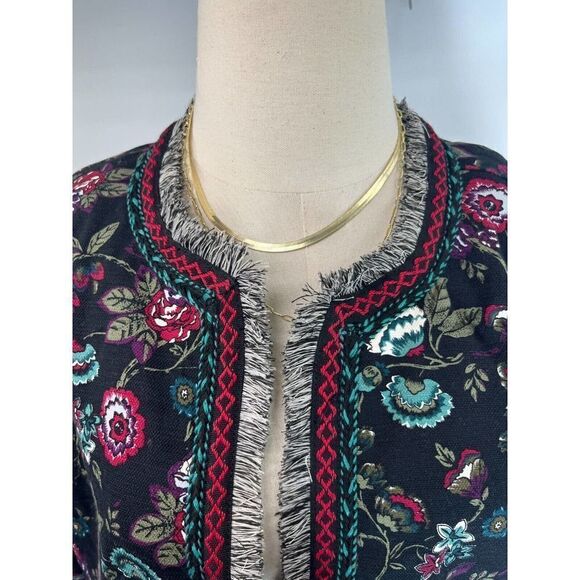 Ann Taylor Loft Black Blazer Jacket Floral Embroidered Fringe Size 8 - Picture 9 of 15